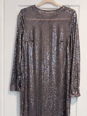 Boohoo Grey Sheer Sequin Long Sleeve Midi Dress US 12 NWOT
